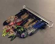 Impression UV + découpe laser sur PMMA (plexi) transparent + découpe du socle avec encoches