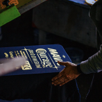 Yellow screen printing on blue cotton