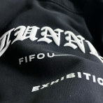 1 colour "puff" screen printing on a black sweat shirt